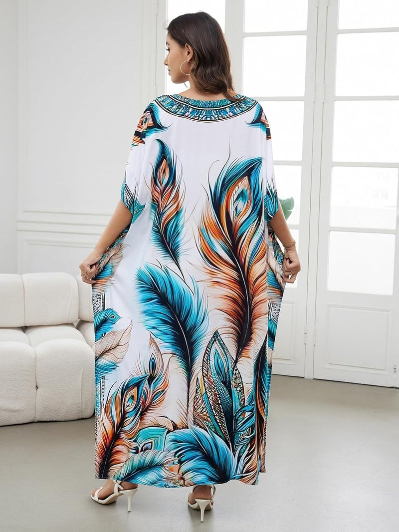 IMAGEKOPE Women's Plus Size Loose Fit Moroccan Print V-Neck Batwing Kaftan Beach Dress Bathing Suit Cover Up - Image 5